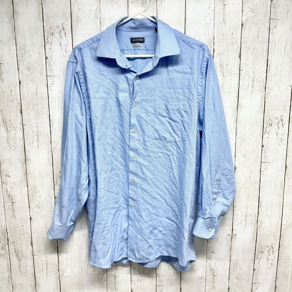 Van Heusen Shirt Men Size 16-16.5 32/33 Blue Long Sleeve Button Down Cotton Top